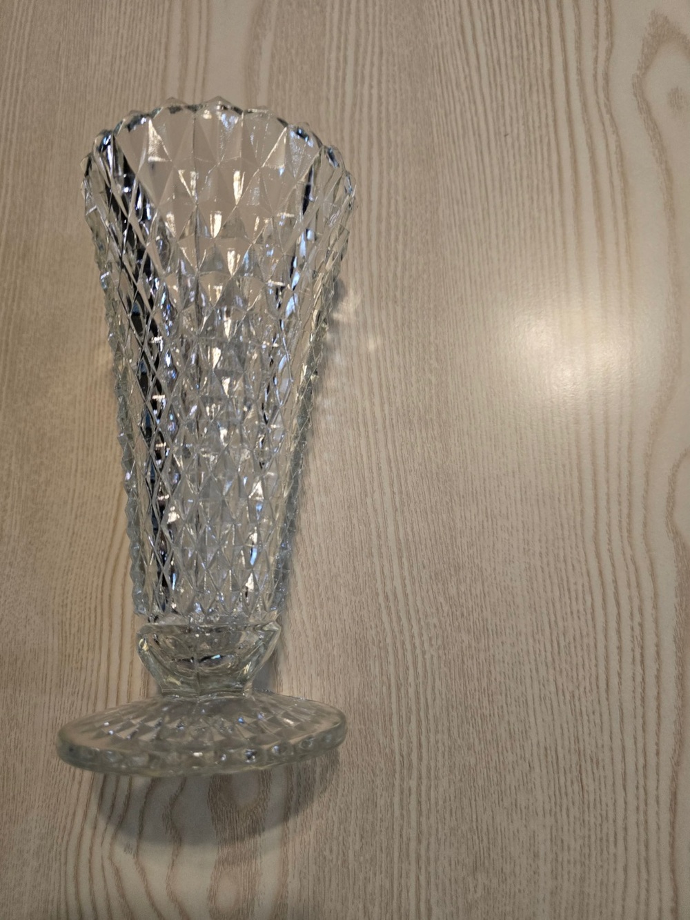 Vintage Indiana Glass "Diamond Point" clear pressed glass footed trumpet vase